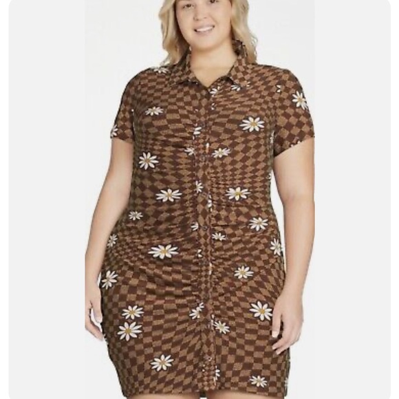 No Boundaries Dresses & Skirts - NO BOUNDARIES | Brown Checkered Daisy Flower Mini Dress Plus Size XXXL (21)